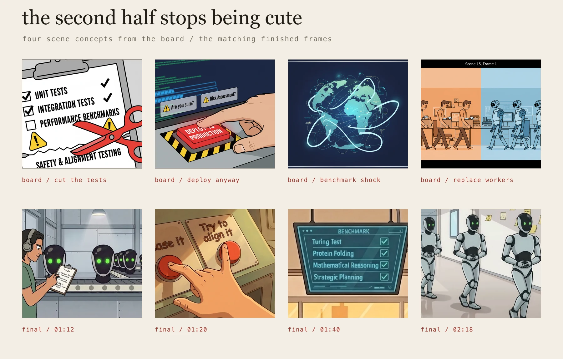 four second-half storyboard concepts for cutting safety tests, deploying anyway, passing benchmarks, and replacing workers above the matching finished frames