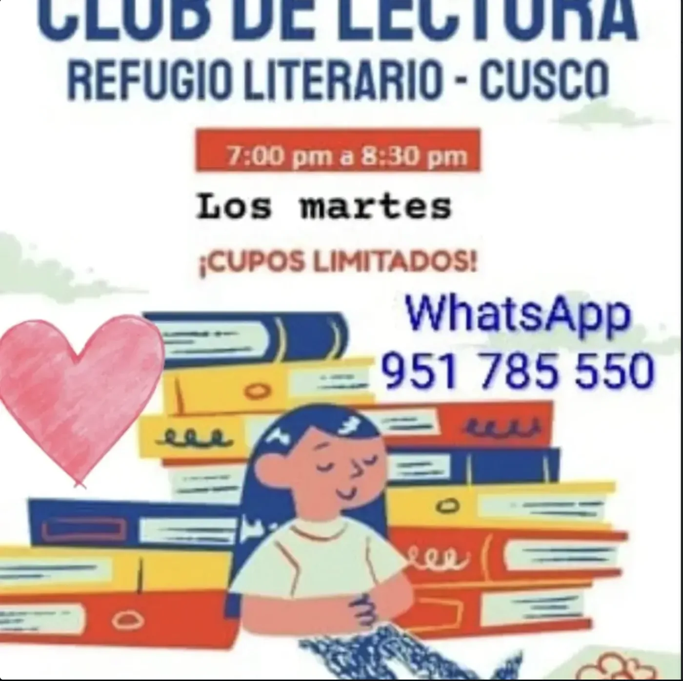 cartel del club de lectura refugio literario en cusco, con reuniones los martes de 7 a 8:30 pm y una ilustración de libros